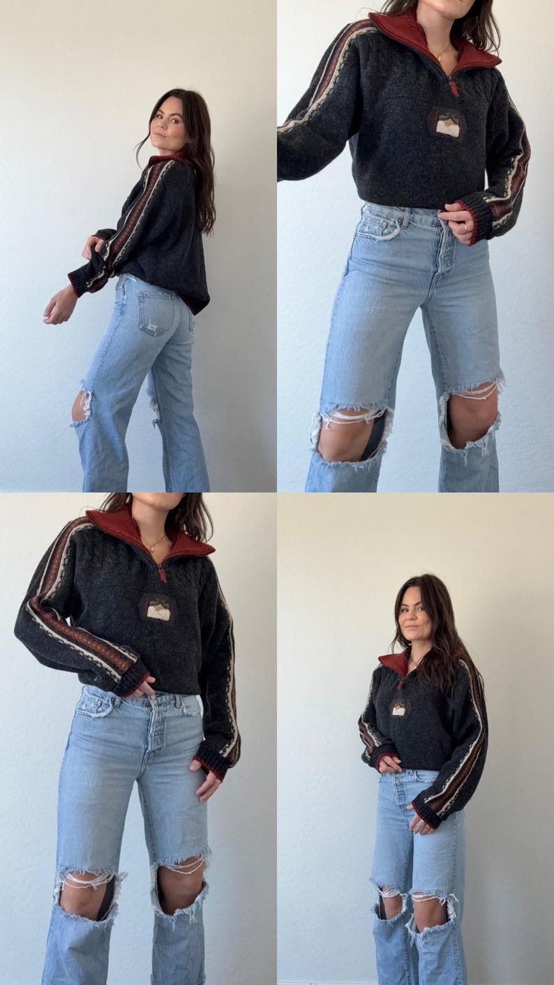 Puede incluir: Un su&eacute;ter gris oscuro con cuello rojo y mangas a rayas. El su&eacute;ter tiene cierre de cremallera de cuarto y un peque&ntilde;o parche en el pecho. La modelo lleva vaqueros rotos de color azul claro. Una adici&oacute;n elegante a cualquier armario.