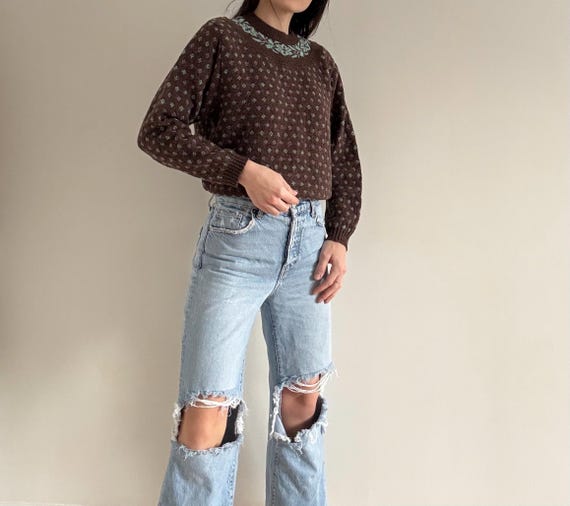 Vintage Brown Patterned Sweater - image 3