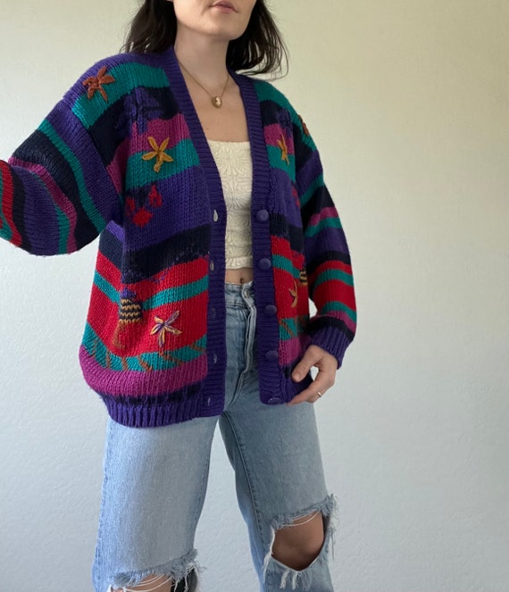 Vintage Multicolored Floral Cardigan Sweater - image 3