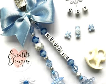 Matching Pram Charm And Silicone Dummy Clip Set Boy Blue White Grey Rainbow Baby Babies Pacifier
