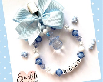 Personalised Pram Charm Clip, Dummy Blue White Boy New baby shower gift, Newborn gift. Pram accessory In Memory Keepsake