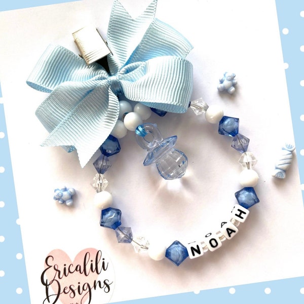 Personalised Pram Charm Clip, Dummy Blue White Boy New baby shower gift, Newborn gift. Pram accessory In Memory Keepsake