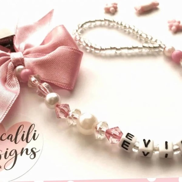 Clip para chupete personalizado para niña rosa, regalo para baby shower, perla blanca rosa, regalo para recién nacido, recuerdo de bautizo.