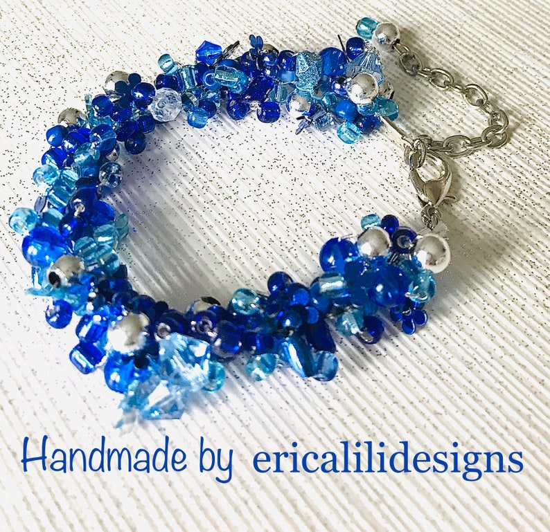 Blue Turquoise Silver beads Handmade Crocheted Beaded Necklace Bracelet Earrings set \u201cELISE\u201d Cluster chunky style