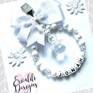 Personalised Pram Charm Clip Neutral White Dummy Boy Girl New baby shower gift Pram bag charm Newborn gift.
