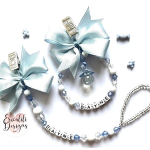 Juego de abalorios para cochecito y chupete personalizados, regalo para baby shower de niño azul, accesorio para bolso de cochecito para recién nacido, recuerdo para cochecito de muñecas