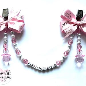 Personalised Pram Charm Clip Double Dummy Princess Pink Girl New baby shower gift, Newborn gift. Pram accessory In Memory Keepsake