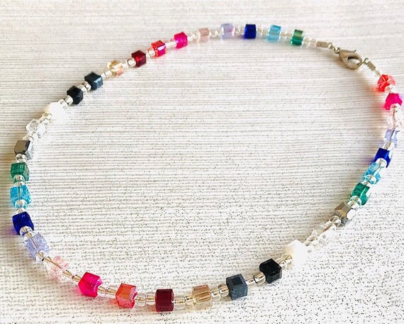 Rainbow Necklace Glass Faceted Cube 