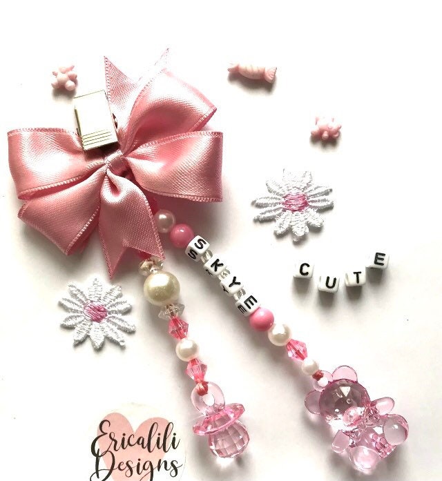 BABY GIRL PERSONALISED PINK PRAM CHARM AND MATCHING DUMMY HOLDER SAVER CLIP 