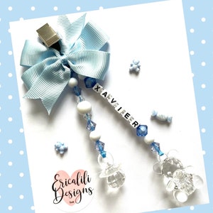 Personalised Pram Charm Clip, Dummy Teddy Blue White Boy Son New baby shower gift, Newborn gift. Pram accessory In Memory Keepsake