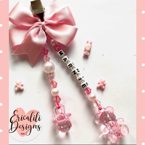 Personalised Pram Charm Clip Dummy Teddy Pink White Girl New baby shower gift Newborn gift. Pram bag clip accessory Keepsake In Memory
