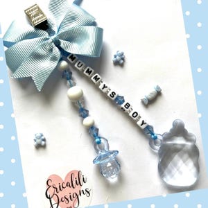 Personalised Pram Charm Clip Dummy Bottle Blue White Mummy’s Boy New baby shower gift Newborn gift. Pram accessory.