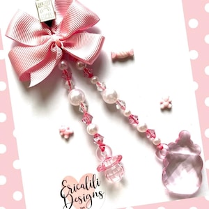 Personalised Pram Charm Clip Dummy Bottle Pink White New baby shower gift Newborn gift. Pram Bag Clip accessory In Memory Keepsake