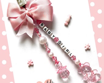 Personalised Baby Pram Charm Clip Dummy Teddy Pink White Girl New baby shower gift Newborn gift Pram bag clip accessory Keepsake In Memory