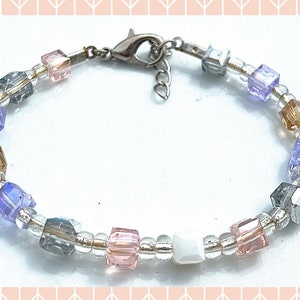 Lilac Peach White Bracelet Glass Cube Square Bead Silver Seed Beads Friendship Colourful Handmade