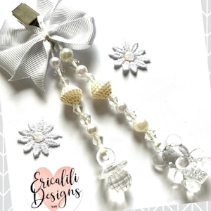 Personalised Pram Charm Clip Dummy Teddy Boy Girl Neutral White New baby shower gift Pram bag charm Newborn gift.