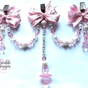 Personalised Pram Charm Clip Triple Clip Pink Girl Princess New baby shower gift, Newborn gift. Pram accessory In Memory Keepsake