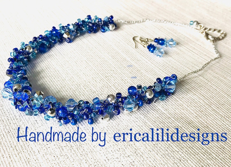 Blue Turquoise Silver beads Handmade Crocheted Beaded Necklace Bracelet Earrings set \u201cELISE\u201d Cluster chunky style