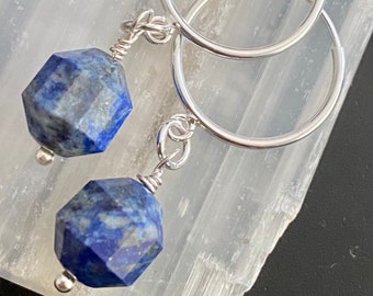 Lapis Lazuli Hoop Earrings/Sterling Silver Hoop Earrings/Lapis Lazuli Earrings/Lapis Lazuli Jewelry/Handmade Gemstone Jewelry/Blue Gemstone