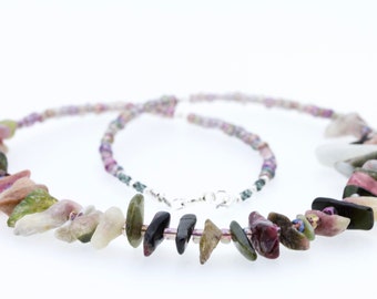 Genuine Handmade Multicolored Tourmaline Necklace, Luxurious Handmade Gemstone Necklace in Sterling Silver with Seed Beads, Raw Tourmaline