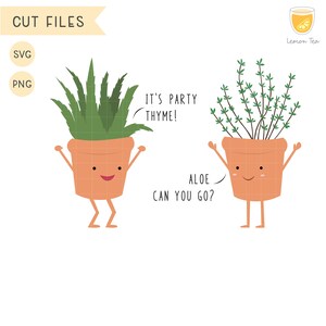 May include: A cartoon illustration of two potted plants, an aloe plant and a thyme plant, with faces and arms. The aloe plant is saying "Can you go?" and the thyme plant is saying "It's party thyme!"