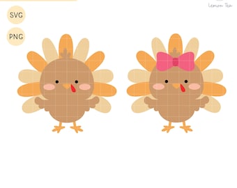 May include: Two cartoon turkeys, one with a pink bow, with brown bodies and orange feathers. The turkeys are facing forward with their wings out.