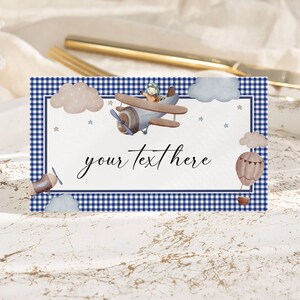 Bearbeitbare Flugzeug Geburtstag Platzkarten Vorlage Sofortiger Download Blau Gingham Tischplatzkarten Namenskarten Geburtstag Nautical Food Label 0016