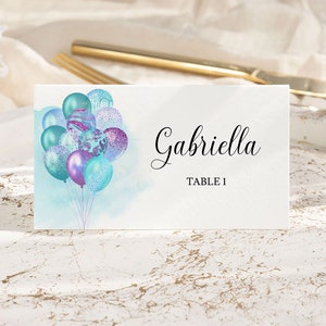 EDITABLE Aqua Purple Balloons Place Cards Template Food Cards Buffet Label Blue Place Cards Name Card Birthday or Baby Shower Decor 0145