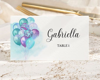 EDITABLE Aqua Purple Balloons Place Cards Template Food Cards Buffet Label Blue Place Cards Name Card Birthday or Baby Shower Decor 0145