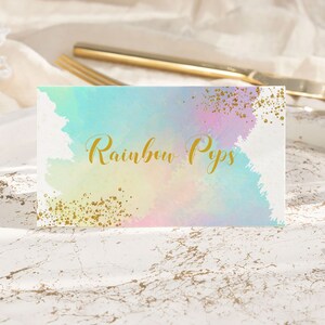 Bewerkbare sjabloon voor regenboog aquarel plaatskaarten Instant Download tafel naamkaartjes decor eerste verjaardagsfeestje decoraties zitplaatsen kaarten 0130