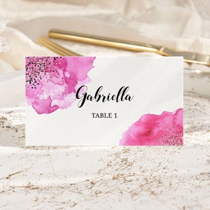 EDITABLE Hot Pink and Black Glitter Place Cards Template Instant Download Table Name Cards Decor Party Decorations Seating Cards 0144