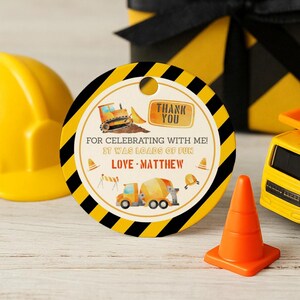 Construction Party Favor Tag Editable – Round Dump Truck Thank You Tag Template, Boys Under Construction Birthday, Corjl Download, 0010