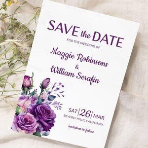 Plantilla de tarjeta de invitación para guardar la fecha con flores violetas editables. Invitación para guardar la fecha de boda de primavera. Invitación para guardar la fecha de boda con flores violetas de verano, 0039