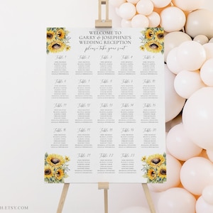 Plantilla editable de plano de asientos para boda con diseño de girasoles, letrero rústico para asientos de boda, decoración para baby shower, cumpleaños, compromiso, boda, fiesta 0061