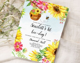 Editable Bee and Sunflowers Birthday Invite – Customizable Template Birthday Digital Invitation First Birthday Instant Download 0009