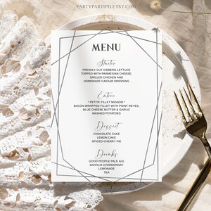 EDITABLE Silver Frame Wedding Menu Card Template Instant Download Dinner Party Menu Cocktail Menu Wedding Template Table Decor 0121
