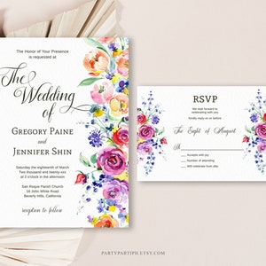 EDITABLE Colorful Rose Wedding Invitation Set Template Garden Flowers Wedding Invitation Wilflowers Invitation Printable Bundle 0173