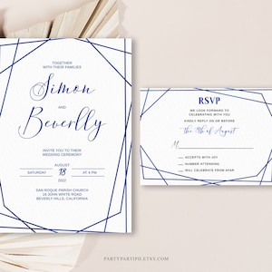Editable Royal Blue Wedding Invitation Set Template Geometric Invitation Suite Elegant Royal Blue Frame Printable Marriage Invite 0120