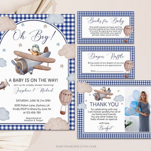 Bearbeitbare Flugzeug-Babyparty-Einladungsvorlage Blaue Gingham-Jungen-Baby-Dusche-nautische Geburtstagseinladung Sofort-Download 0016