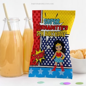 Editable Superhero Birthday Chip Bag Template Instant Download Comic Book Girl Party Custom Chip Bags Superhero Party Decorations 0048