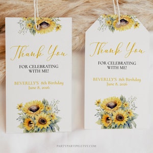 Editable Sunflower Birthday Thank You Tags Template Rustic Flowers Gift Tags INSTANT DOWNLOAD Yellow Flowers Adult Favor Gift Tags 0061