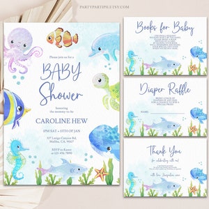 EDITIERBAR Unter dem Meer-Babyparty-Einladungs-Set Druckbare nautisches Thema Baby Shower Windel Raffle Bücher für Baby Dankeskarte 0146