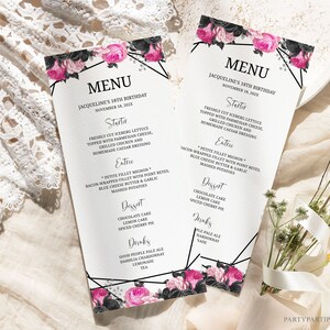 Modèle de carte de menu de fête d'anniversaire modifiable avec fleurs roses et noires Téléchargement instantané Décoration de table pour le menu du dîner 0143