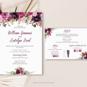 Editable Fuchsia Wedding Invitation Set Template Instant Download Pink Burgundy Flowers Elegant Wedding Invitation Suite Garden Wedding 0124