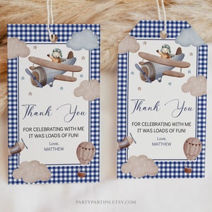 Bearbeitbare Flugzeug Danke Tags Vorlage Sofortiger Download Blau Gingham Geburtstag Party Favor Geschenkanhänger Junge Nautische Partydekoration 0016