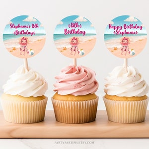 Editable Girl Beach Birthday Cupcake Toppers Template Instant Download Beach Kids Party Decorations Cupcake Topper 0047