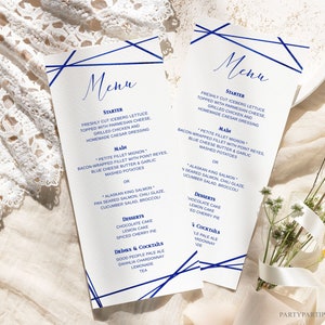 Bearbeitbares Royal Blue Hochzeitsmenükartenvorlage Abendessen Minimalistische Menükarte Dinner Party Menü Tischdekor Geburtstagsmenükarte 0120