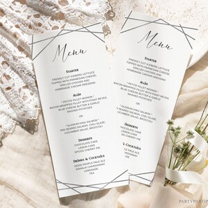 Edytowalny srebrny szablon menu weselnego do pobrania natychmiast Menu kolacji Menu koktajlowe Szablon weselny Dekoracja stołu 0121