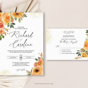 EDITIERBARE Orange Hochzeitseinladung Vorlage Set Set Gartenhochzeitseinladung Thema Orange Blume Einladung Antwortkarte Corjl 0149