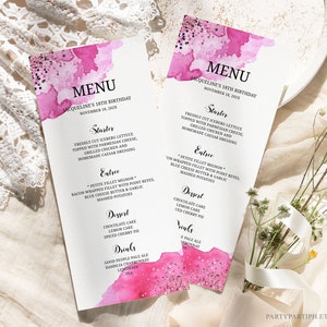 EDITABLE Hot Pink and Black Birthday Party Menu Card Template Instant Download Birthday Decorations Dinner Food Menu Table Decor 0144
